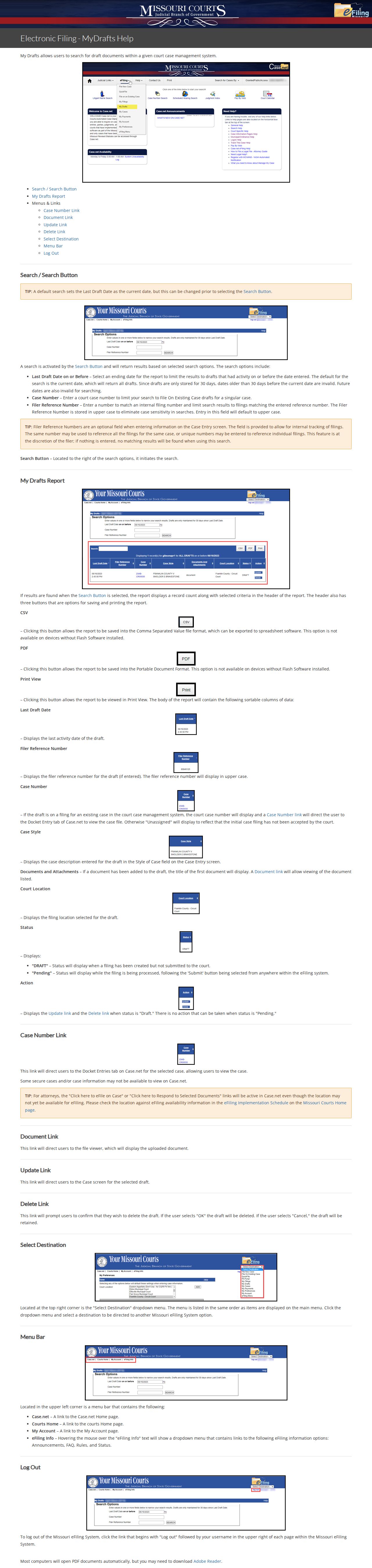Cole County case search context from Missouri MyDrafts help