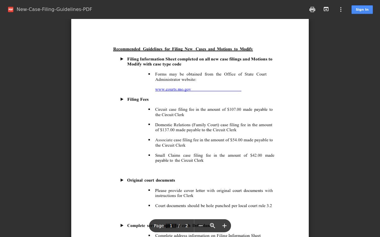 Cole County civil docket source for new case filing guidance