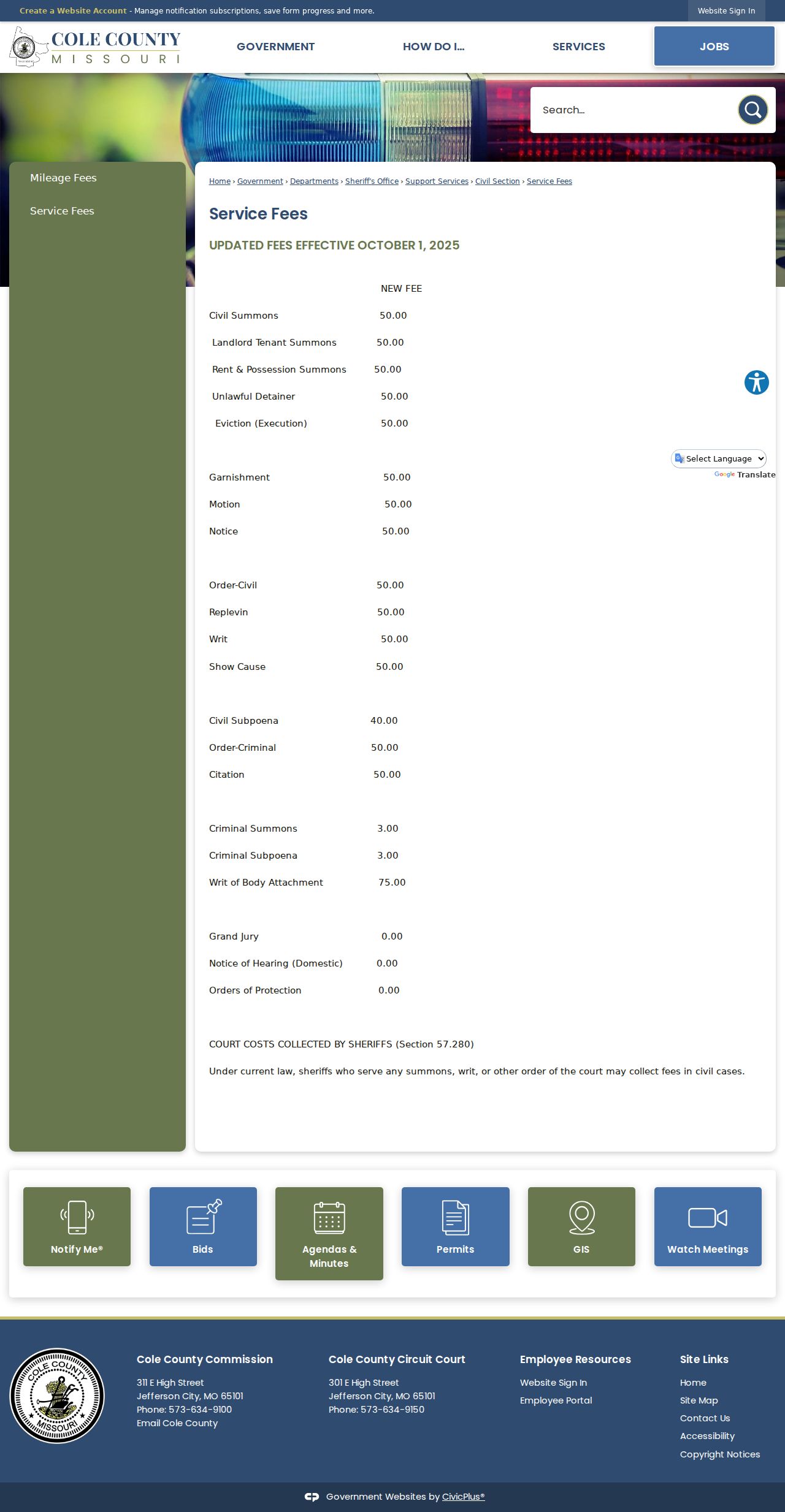 Cole County civil docket source distinguishing sheriff service fees