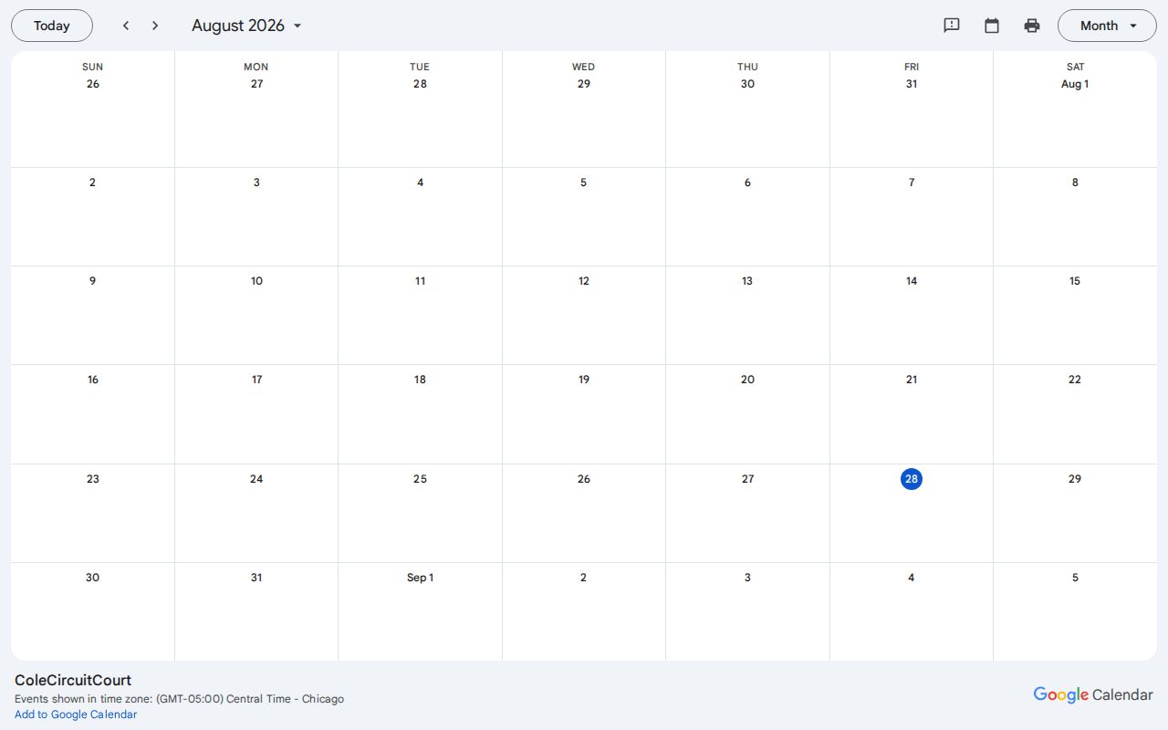 Cole County court calendar showing Circuit Court schedule