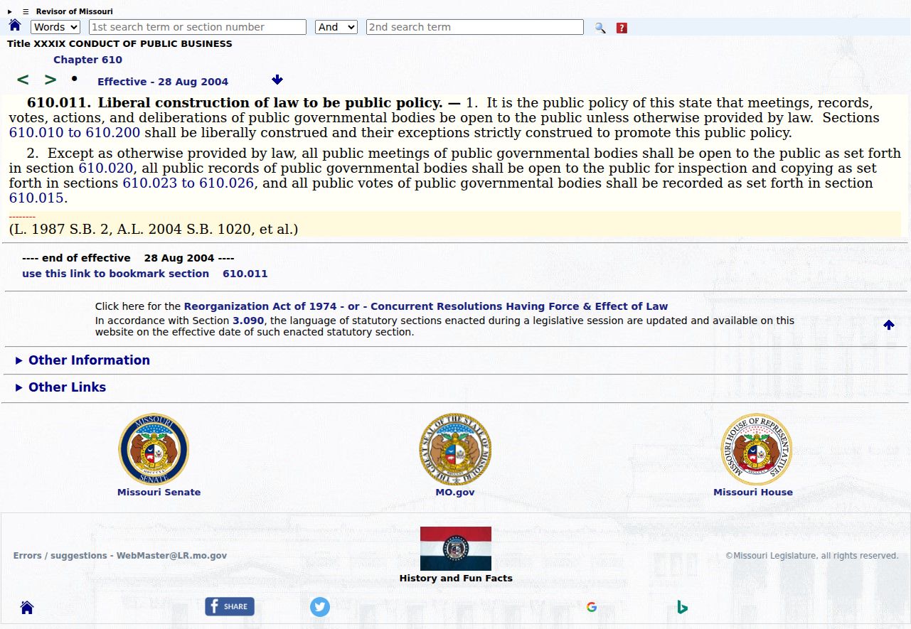 Cole County court record search source for Missouri Sunshine Law policy