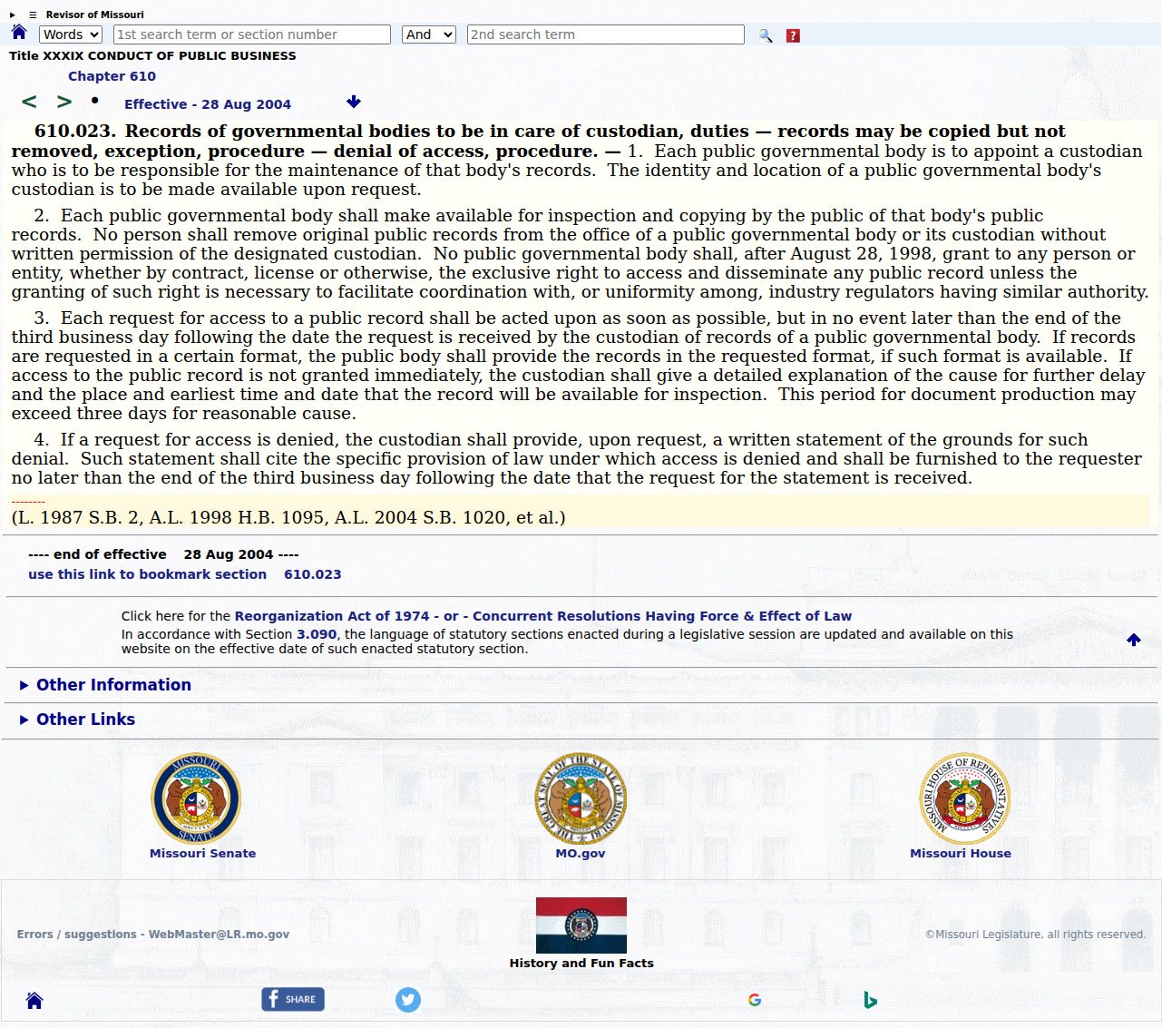 Cole County court record request source for Missouri Sunshine Law procedure
