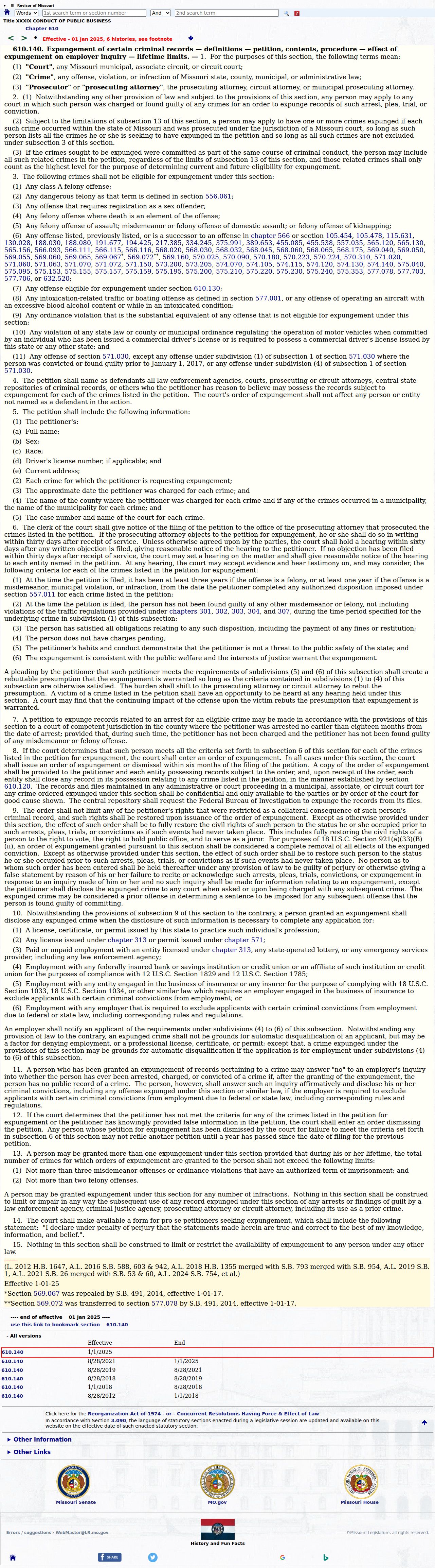Cole County criminal docket source for Missouri expungement law