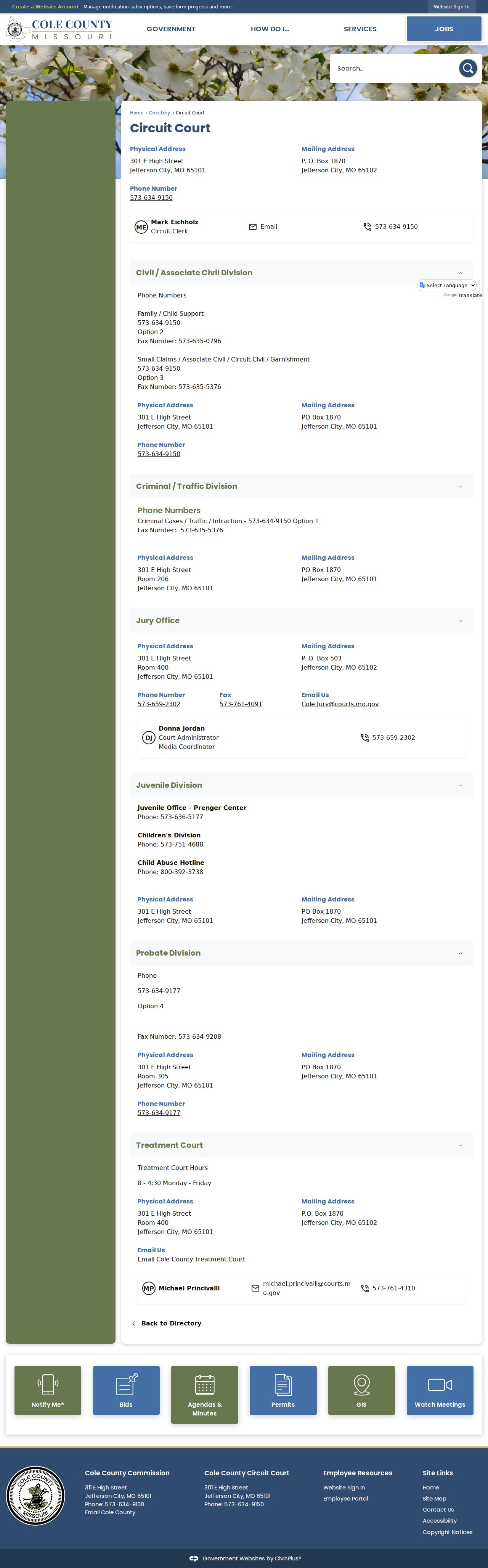 Cole County court docket Circuit Clerk staff directory