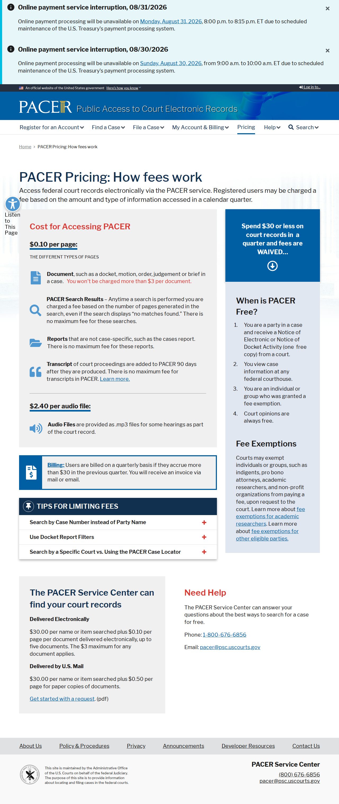 Cole County court docket PACER federal record access pricing
