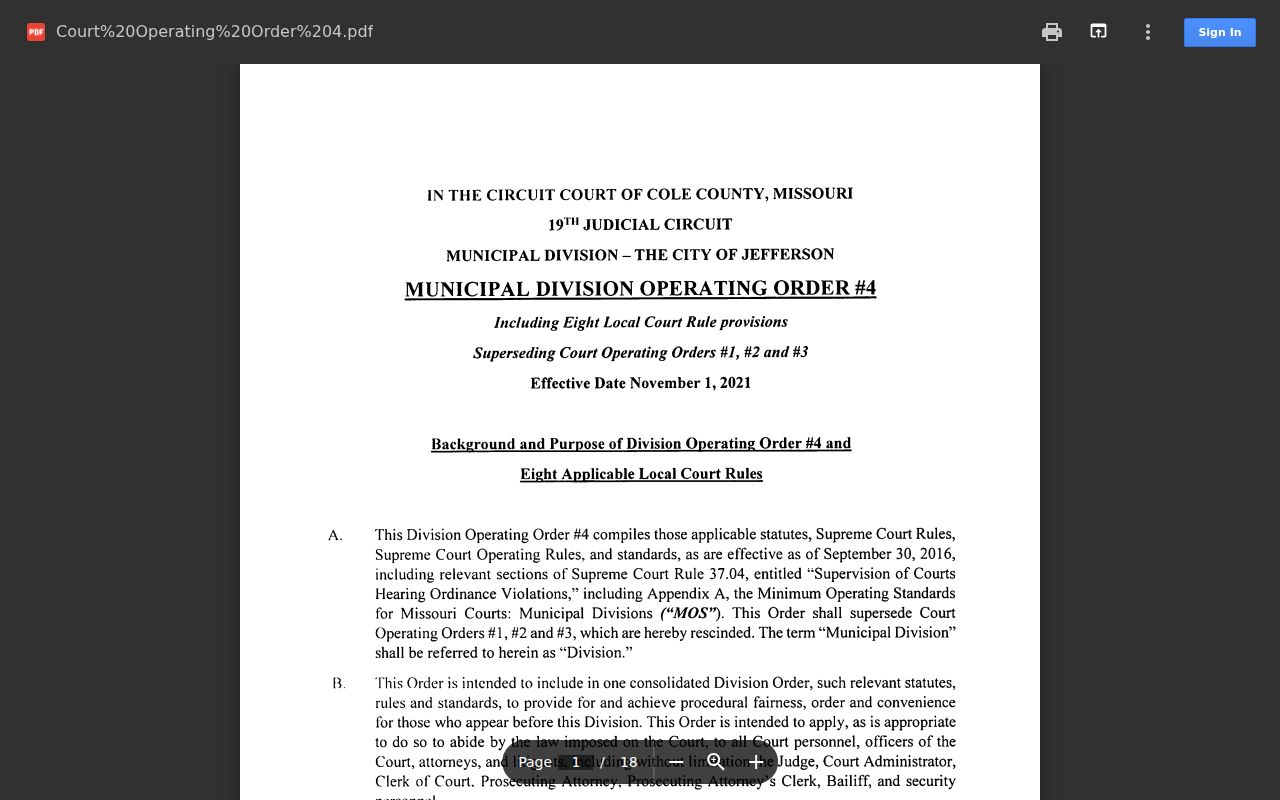 Jefferson City court docket municipal operating order