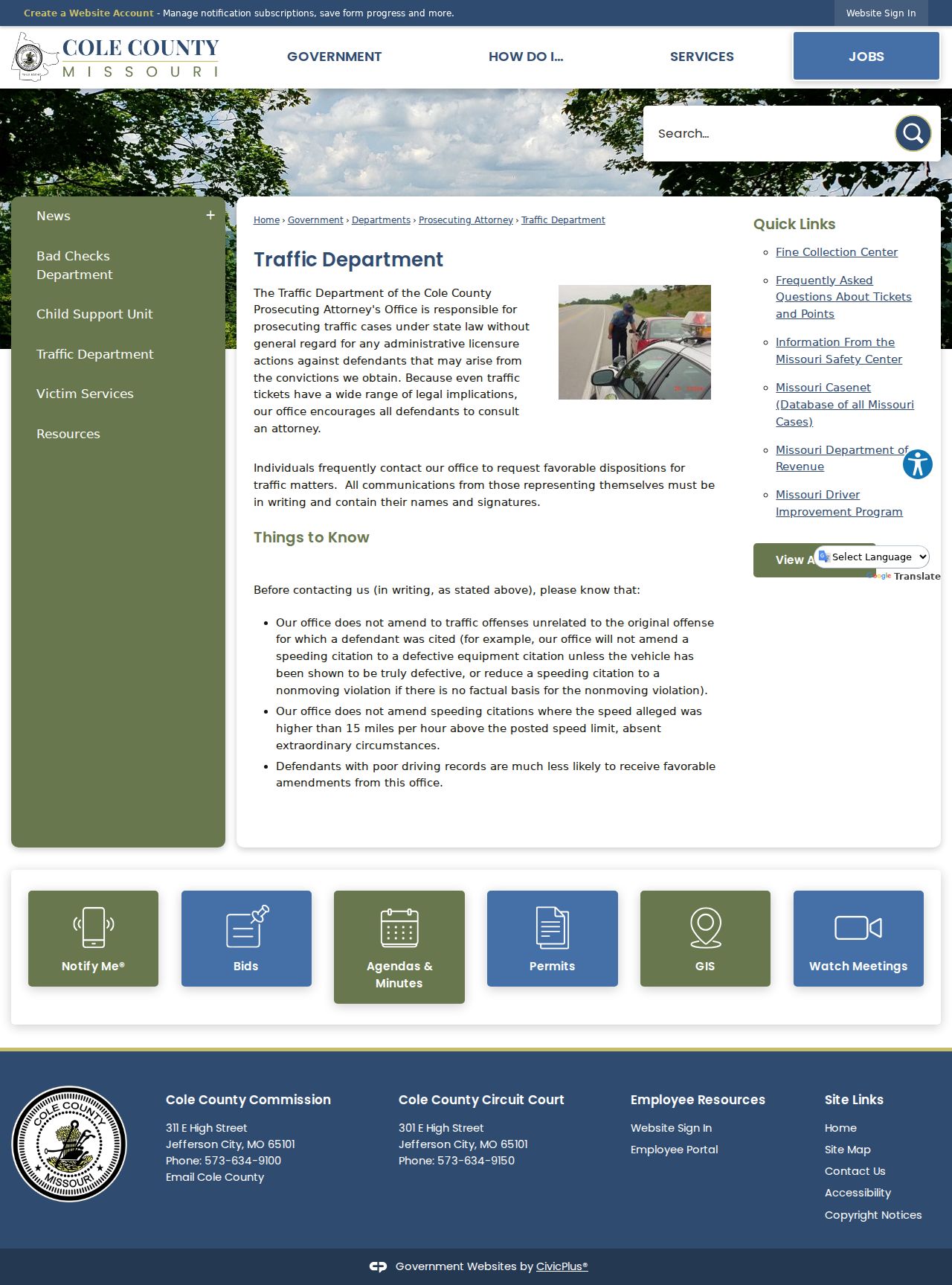 Cole County traffic ticket source for Traffic Department procedure